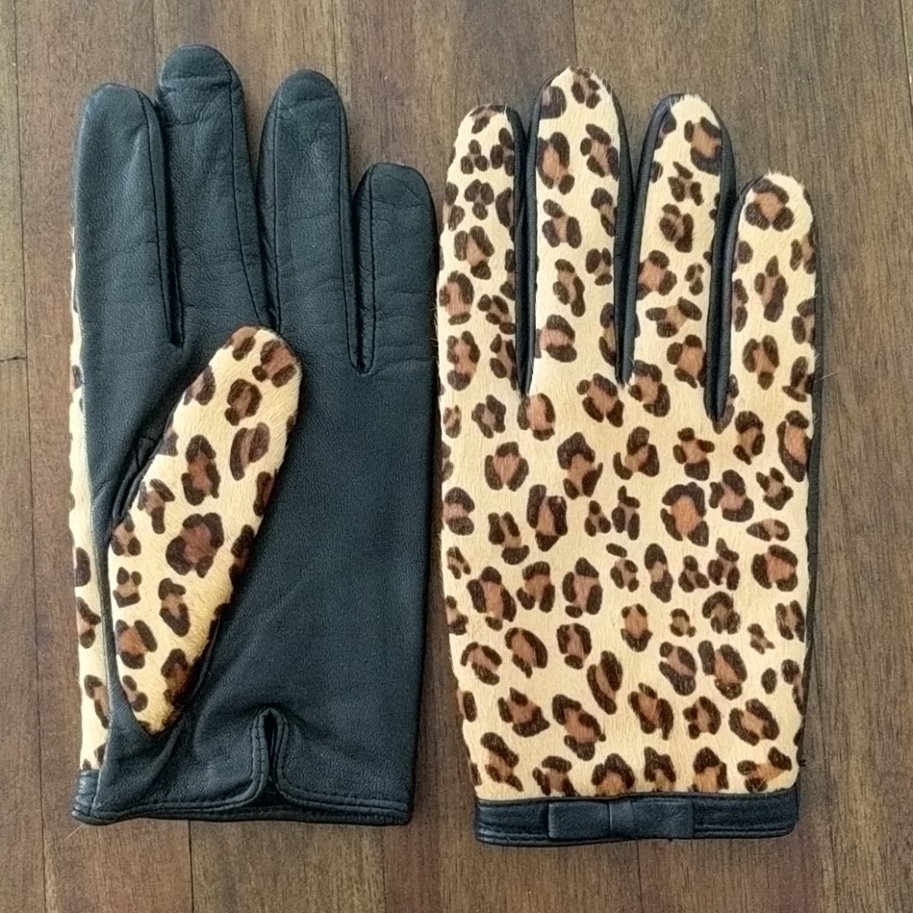 Banana Republic Black Leather Gloves with Leopard Print